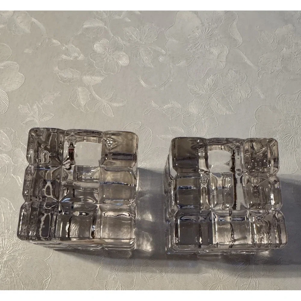 Vintage Biedermann Pair Clear Glass Cube Taper Candle Holders Ice Block Decor